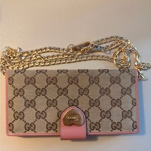 Gucci Beige GG Canvas Wallet with Pink Trim and Gold Chain